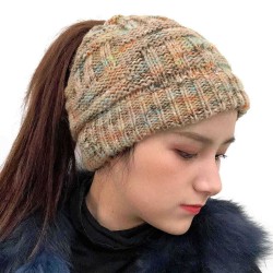 Female Warm Knitted Hat Striped Colorful Ponytail Headband Woolen Cap