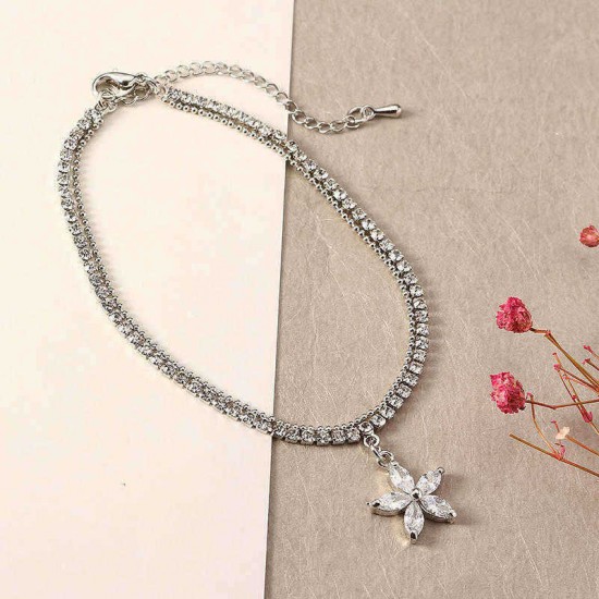 Flower Pendant Zircon Platinum Plated Anklet Double Layer Foot Cup Chain