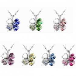 Four Leaf Clover Crystal Heart Pendant Necklace For Women