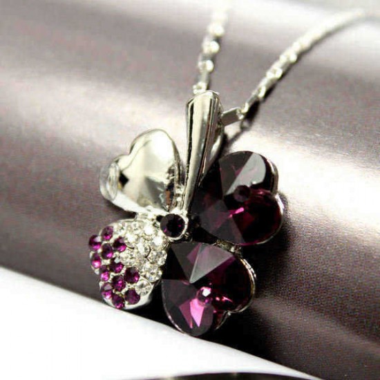 Four Leaf Clover Crystal Heart Pendant Necklace For Women