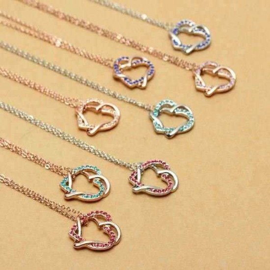 Full Crystal Twine Double Hearts Pendant Necklace For Women