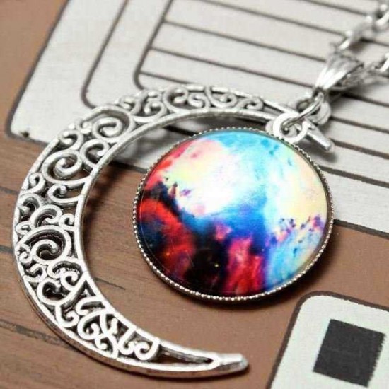 Galaxy Moon Universe Glass Cabochon Crescent Pendant Chain Necklace