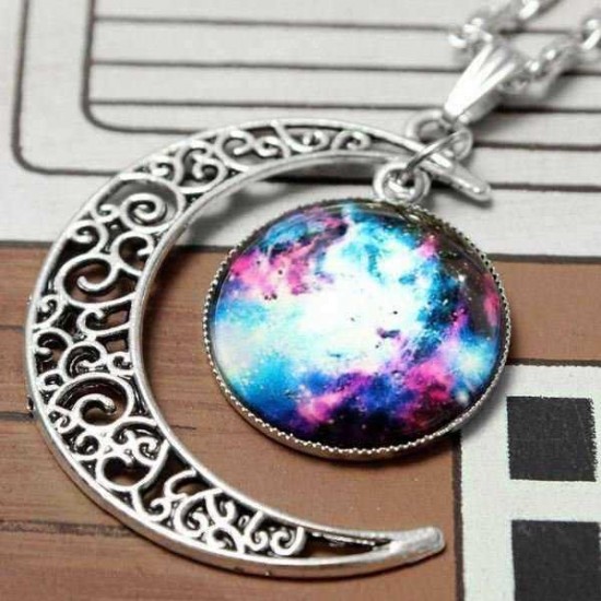 Galaxy Moon Universe Glass Cabochon Crescent Pendant Chain Necklace