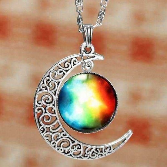 Galaxy Moon Universe Glass Cabochon Crescent Pendant Chain Necklace