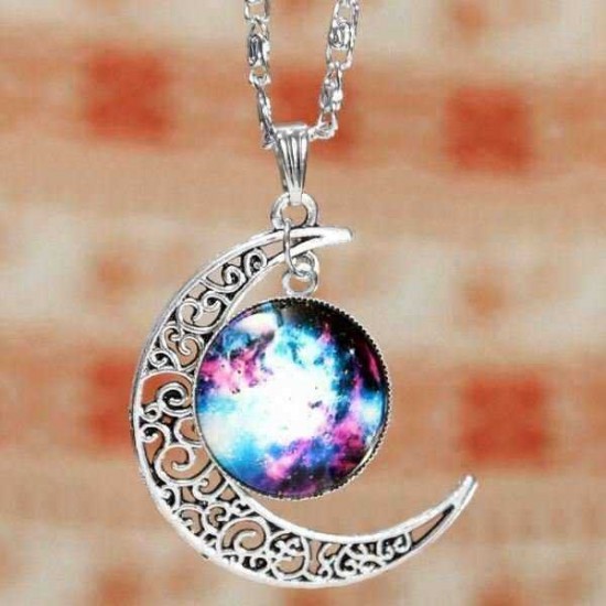 Galaxy Moon Universe Glass Cabochon Crescent Pendant Chain Necklace