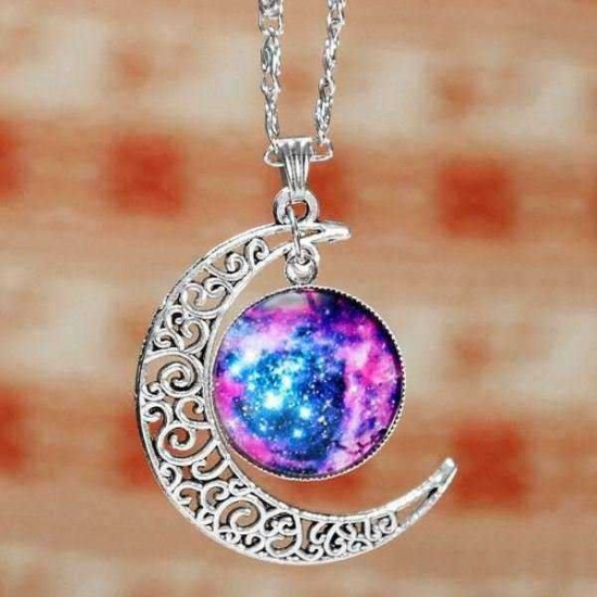 Galaxy Moon Universe Glass Cabochon Crescent Pendant Chain Necklace