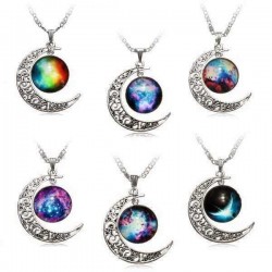 Galaxy Moon Universe Glass Cabochon Crescent Pendant Chain Necklace