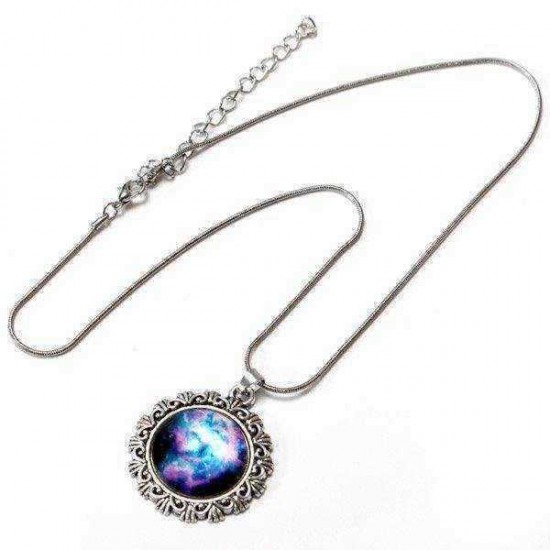 Galaxy Sky Nebula Space Glass Cabochon Silver Alloy Pendant Necklace