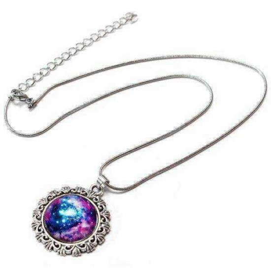 Galaxy Sky Nebula Space Glass Cabochon Silver Alloy Pendant Necklace