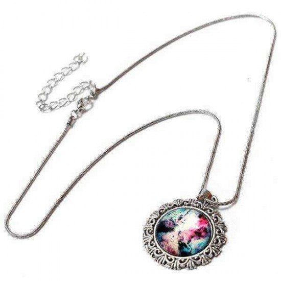 Galaxy Sky Nebula Space Glass Cabochon Silver Alloy Pendant Necklace