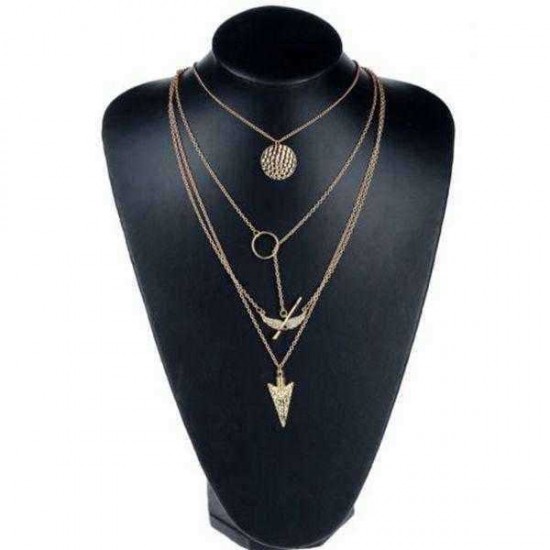 Gold 4 Layers Angel Wing Arrows Triangle Pendant Charm Necklace