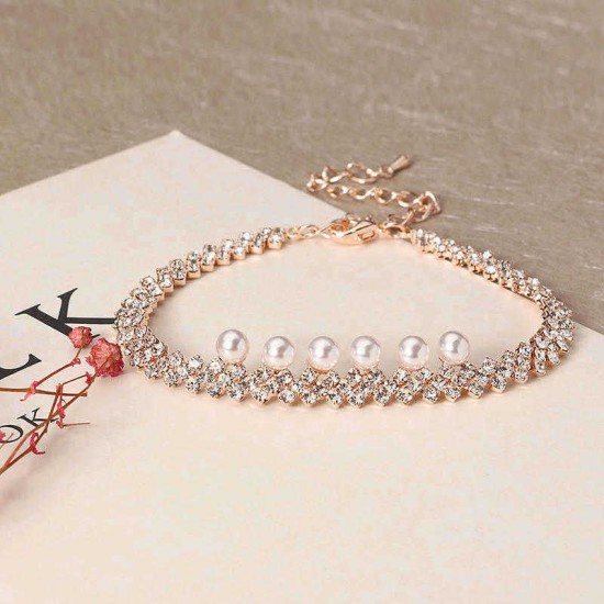 Gold Plated Artificial Pearl Cup Chain Shiny Adjustable Anklet Women Jewelry