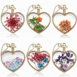 Gold Plated Glass Bottle Heart Dry Flower Pendant Necklace For Women