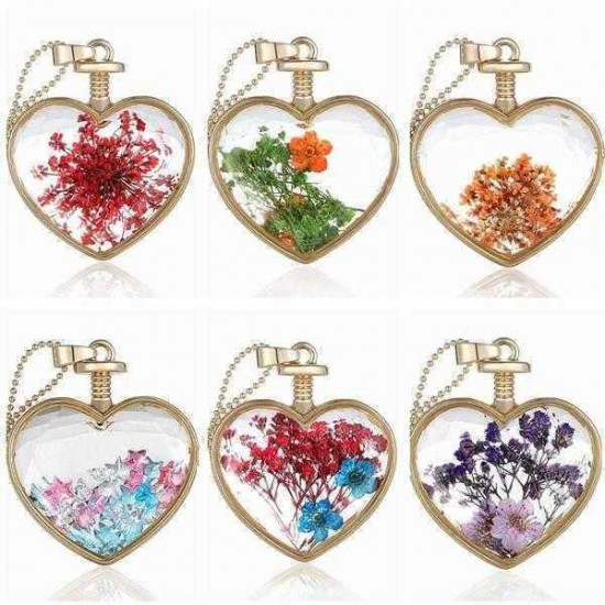 Gold Plated Glass Bottle Heart Dry Flower Pendant Necklace For Women