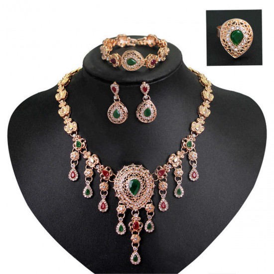 Gold Plated Rhinestone Crystal Wedding Party Necklace Bracelet Ring Earring Set Jewelry Set For Women