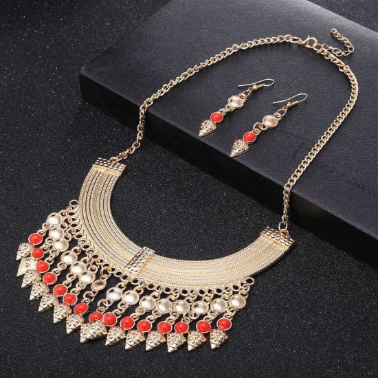 Gold Plated Vintage Jewelry Set Stylish Statement Necklace Earrings Red Beads Accessories