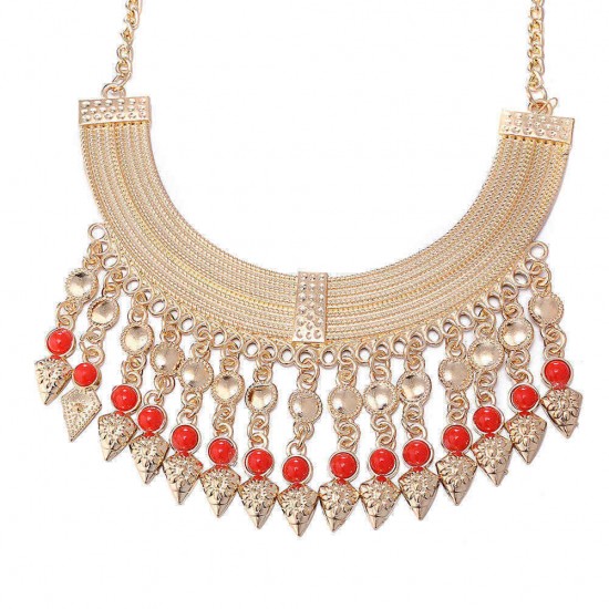 Gold Plated Vintage Jewelry Set Stylish Statement Necklace Earrings Red Beads Accessories