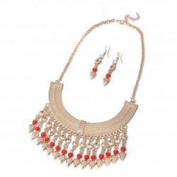 Gold Plated Vintage Jewelry Set Stylish Statement Necklace Earrings Red Beads Accessories