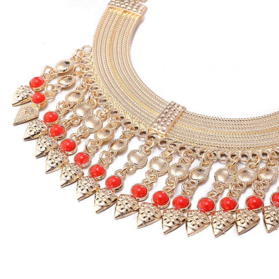 Gold Plated Vintage Jewelry Set Stylish Statement Necklace Earrings Red Beads Accessories