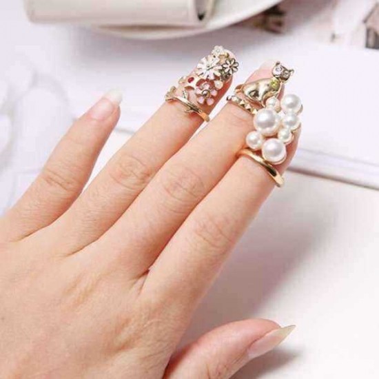 Gold Plated Women Jewelry Flower Cute Cat Pearl Nail Ring