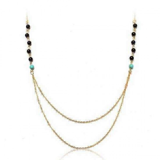 Gold Silver Double Layers Thin Chains Beads Tassel Pendant Necklace