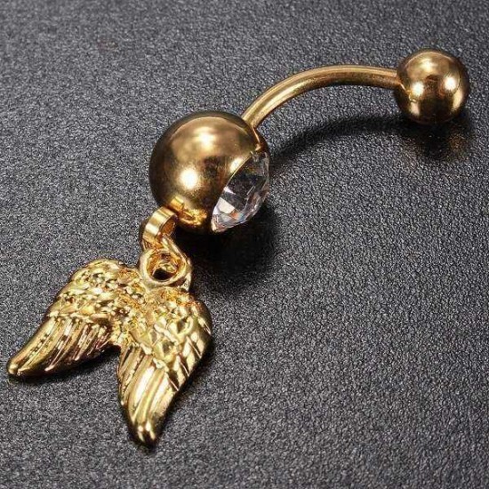 Golden Angel Wings Crystal Navel Belly Button Ring Body Piercing