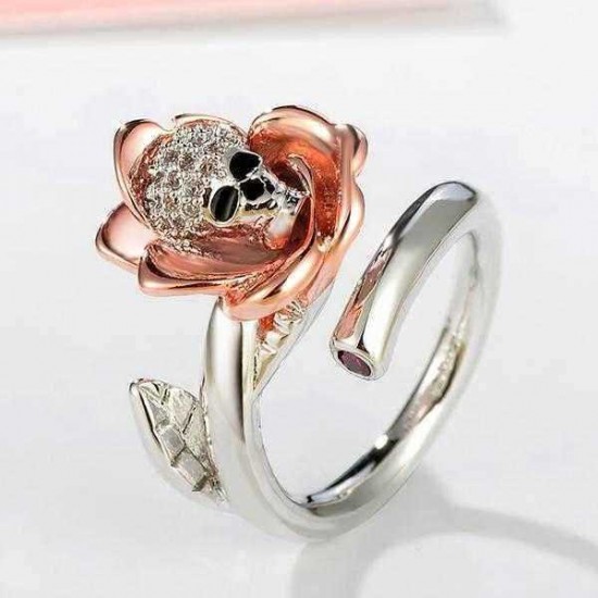 Gothic Silver Skull Rose Gold Micro Inlay Zirconia Flower Adjustable Women's Finger Ring