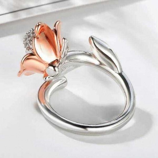 Gothic Silver Skull Rose Gold Micro Inlay Zirconia Flower Adjustable Women's Finger Ring