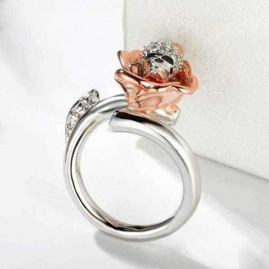 Gothic Silver Skull Rose Gold Micro Inlay Zirconia Flower Adjustable Women's Finger Ring