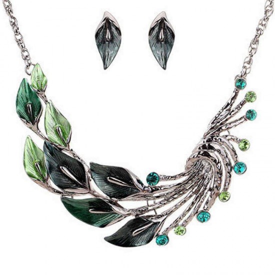 Gradient Color Leaf Peacock Enamel Crystal Necklace Dangle Earrings Jewelry Set for Women