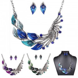 Gradient Color Leaf Peacock Enamel Crystal Necklace Dangle Earrings Jewelry Set for Women