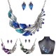 Gradient Color Leaf Peacock Enamel Crystal Necklace Dangle Earrings Jewelry Set for Women