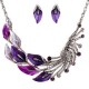 Gradient Color Leaf Peacock Enamel Crystal Necklace Dangle Earrings Jewelry Set for Women