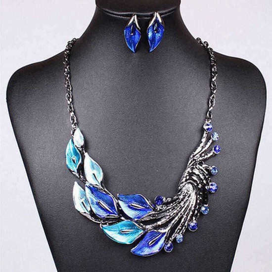 Gradient Color Leaf Peacock Enamel Crystal Necklace Dangle Earrings Jewelry Set for Women