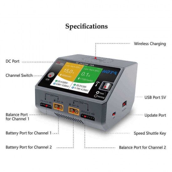 HOTA D6 DC 2X325W 2X15A Battery Charger With Wireless Charging for NiZn/Nicd/NiMH battery