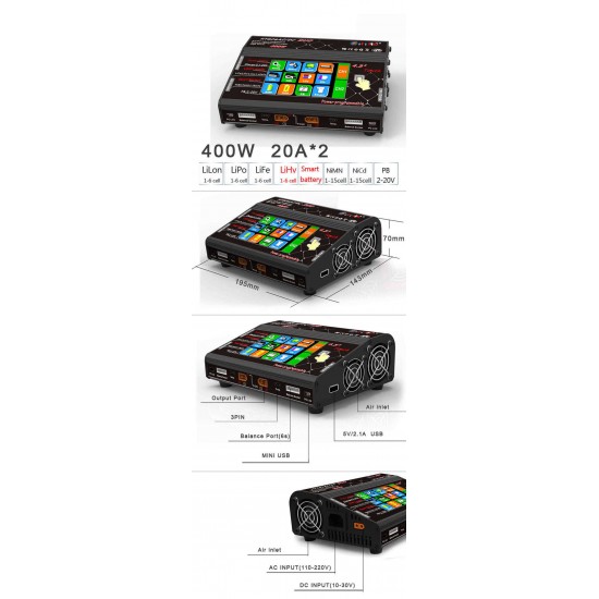 HTRC HT206 DUO AC/DC 2X200W 2X20A 4.3 Inch LCD Touch Screen Dual Battery Balance Charger Discharger