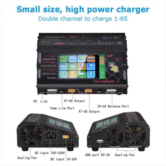 HTRC HT206 DUO AC/DC 2X200W 2X20A 4.3 Inch LCD Touch Screen Dual Battery Balance Charger Discharger