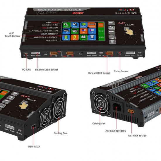 HTRC HT206 TRI AC/DC 3X200W 3X20A 4.3 Inch LCD Touch Screen Battery Balance Charger Discharger