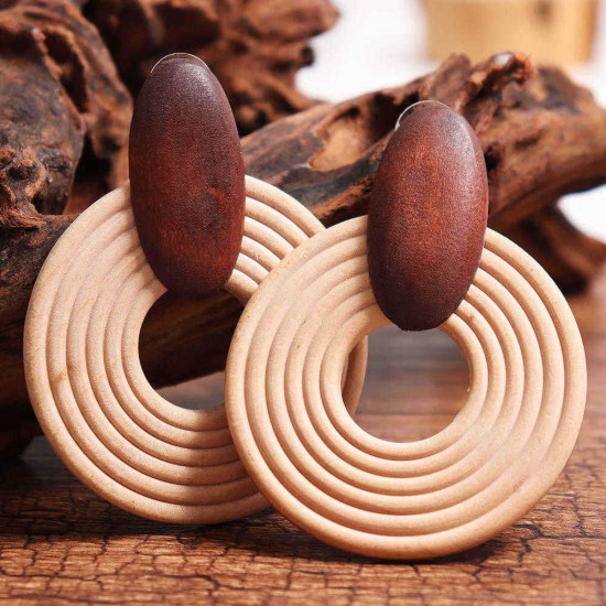 Handmade Ethnic Round Earrings Retro Wood Earrings Brown Vintage Women Earring