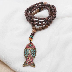 Handmade Nepal Buddhist Mala Wood Beaded Necklace Fish Pendant Long Statement Necklace for Women Men