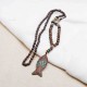 Handmade Nepal Buddhist Mala Wood Beaded Necklace Fish Pendant Long Statement Necklace for Women Men