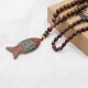 Handmade Nepal Buddhist Mala Wood Beaded Necklace Fish Pendant Long Statement Necklace for Women Men