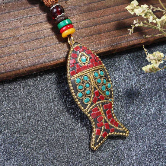 Handmade Nepal Buddhist Mala Wood Beaded Necklace Fish Pendant Long Statement Necklace for Women Men