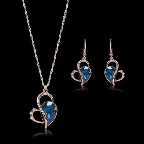 Heart Jewelry Set Water Drop Rhinestone Crystal Earrings Necklace Set Gift for Women