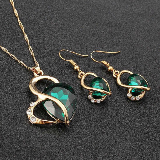 Heart Jewelry Set Water Drop Rhinestone Crystal Earrings Necklace Set Gift for Women