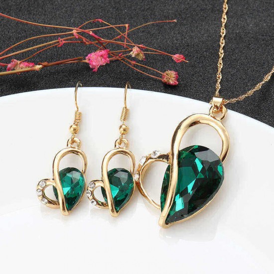 Heart Jewelry Set Water Drop Rhinestone Crystal Earrings Necklace Set Gift for Women