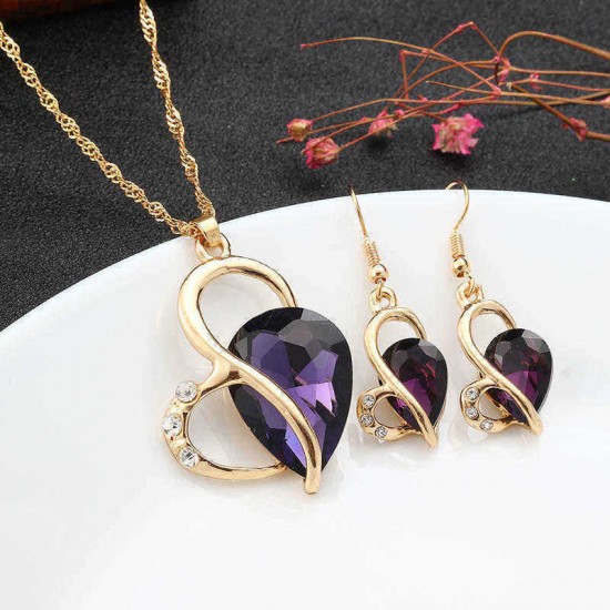 Heart Jewelry Set Water Drop Rhinestone Crystal Earrings Necklace Set Gift for Women