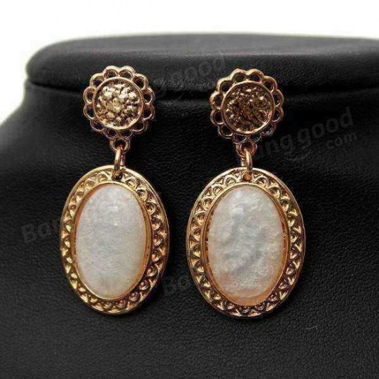 Hollow Flower Water Drop Oval Gem Dangle Earrings For Women