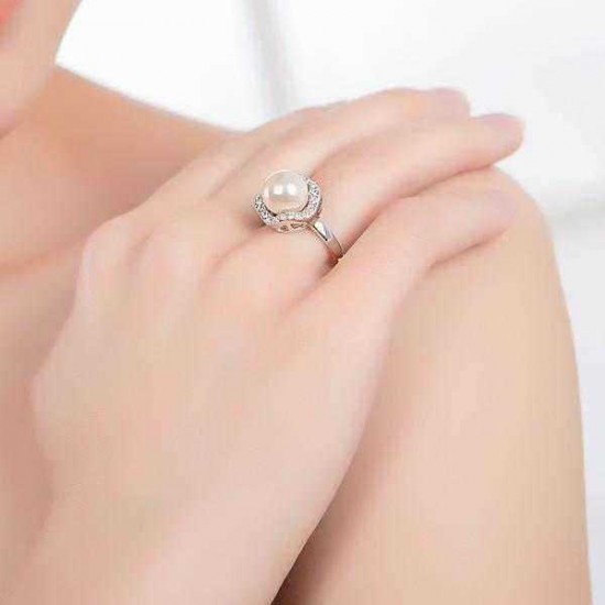 Italina Flower 18K Rose Gold Plated Artificial Pearl Zircon Crystal Finger Ring