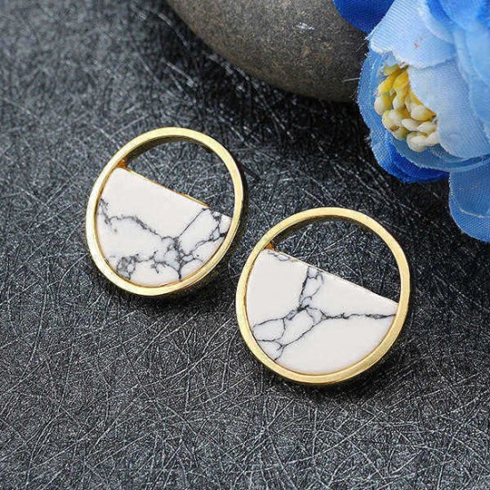 JASSY Fashion 18K Gold Plated Earrings Geometric Round Marbled White Stone Earring for Women